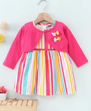 Babyhug Full Sleeves Vertical Stripes Frock with Bow on Shrug - Pink Multicolor