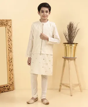 Earthy Touch Foil Printed Kurta Churidar & Jacket Set With Lining - Off White