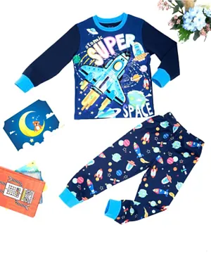 Babyqlo Cotton Stretch Space Glow-in-the-Dark Full Sleeves Graphic T-Shirt & All Over Printed Pyjama Set - Blue