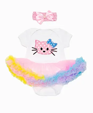 Babyqlo Kitty Applique Frilled Tutu Dress with Headband Set - Multicolor