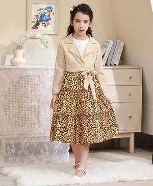 Le Crystal Long Leopard Printed Party Dress With Full Sleeve Jacket - Multicolor