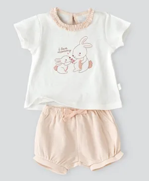 Tiny Hug Rabbit Print T-shirt & Shorts Set - White & Pink