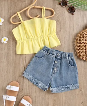 Babyqlo Solid Crop Top With Denim Shorts - Yellow