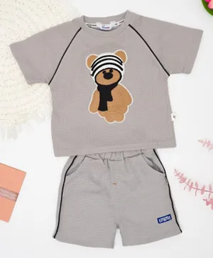 Babyqlo Cotton Blend  Teddy Bear Patched Short Sleeves T-Shirt & Shorts/Co-ord Set - Grey