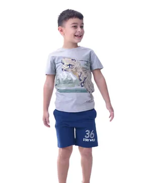 Victor and Jane Cotton T-Rex Graphic T-Shirt & Shorts Set - Grey/Blue