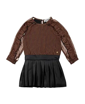 Koko Noko Striped Ruffle And Pleat Detail Dress - Brown