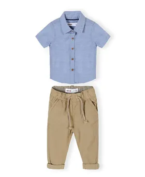 Minoti Cotton Solid Shirt & Pants Set - Blue/Beige