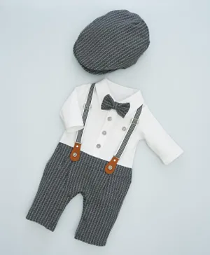 Babyqlo Bow Detailing Striped Romper Set With Cap & Suspender - White & Grey