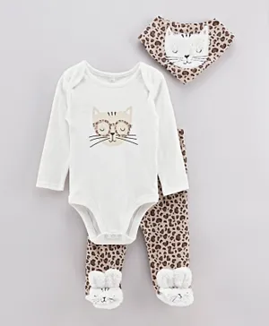Lily and Jack 3Pc Leopard Bodysuit & Trousers Set with Bib - White