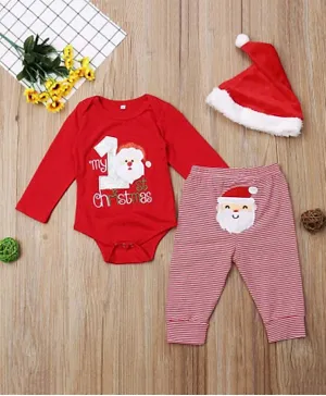 Babyqlo My First Christmas Embroidered Romper & Striped Pants Set With Cap - Red