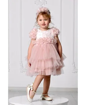 Liba Fashion Gorgeous Zara Floral Fluffy Tulle Dress with Hairband - Pink