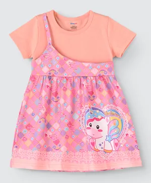 Babyqlo Unicorn Printed Dress With Tee - Pink And Orange