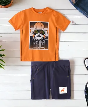 Victor and Jane Jungle Adventure with Hunter & Tiger Graphic T-Shirt & Shorts Set -Orange & Navy