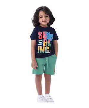 Victor and Jane Cotton Surfing Graphic T-Shirt & Shorts Set - Navy Blue/Green