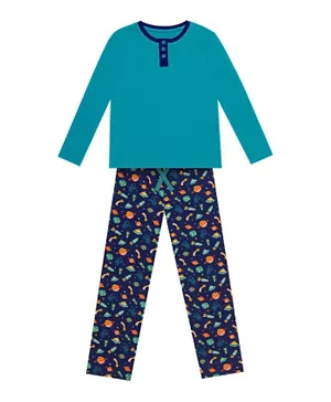 GreenTreat Organic Cotton Solid T-Shirt & Outer Space Themed All Over Printed Pyjama Set - Blue