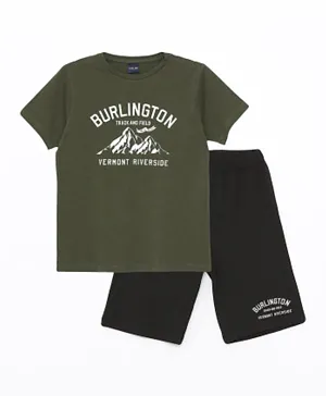 LC Waikiki Burlington Graphic Crew Neck T-shirt & Shorts Set - Green & Black