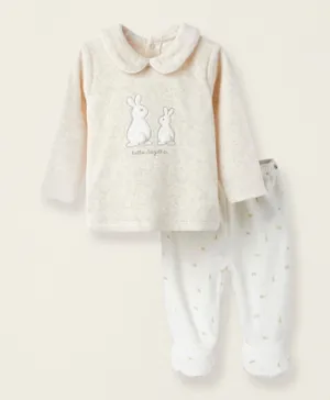 Zippy Rabbit Embroidered Velvet Pyjamas Set - Beige & White