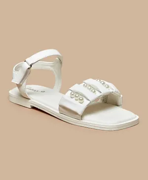 Little Missy Pearl Accent Hook & Loop Closure Sandals - White