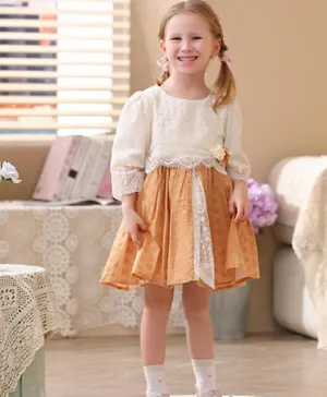 Smart Baby Flower Applique & Embroidered Party Dress - Cream & Orange