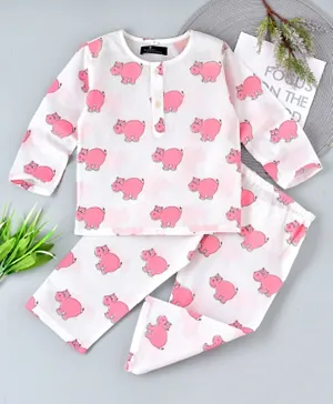 Ayra Full Sleeves Cute Hippo Design Night Suit - Pink
