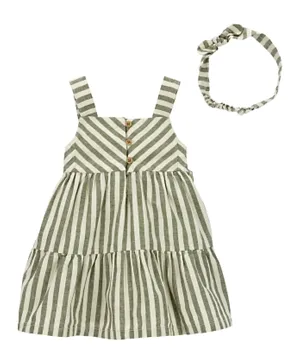 Carter's 2-Piece Striped Linen Dress & Headwrap Set - Green