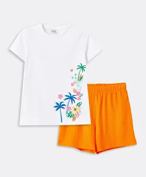 LC Waikiki Palm Tree Graphic T-shirt & Shorts Set - White & Orange