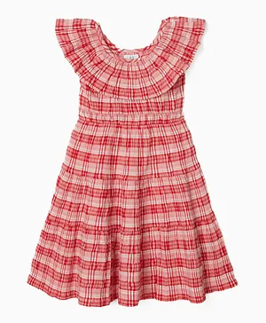 Zippy Short Sleeves Checked Dress - Red
