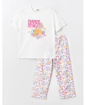 LC Waikiki Pineapple & Floral Print Crew Neck T-Shirt and Trousers Set - Multicolor