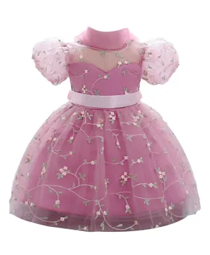 Babyqlo Balloon Sleeves Embroidered Dress - Pink
