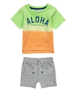 Minoti Summer Graphic T-Shirt & Solid Shorts - Green/Orange/Grey