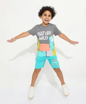 Victor and Jane Cotton Earth Graphic Short Sleeve T-Shirt & Shorts Set - Grey & Teal Green