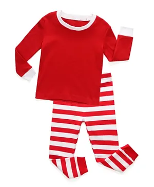 Babyqlo Solid T-shirt with Stripe Pajama Set - Red