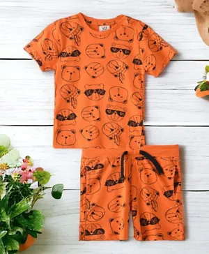 Victor and Jane Cool Bear All Over Printed T-Shirt & Shorts/Co-ord Set - Orange