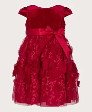 Monsoon Children Baby Velvet 3D Roses Dress - Red