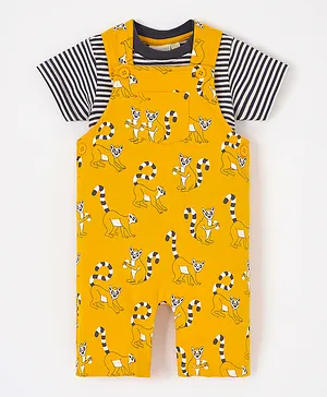 JoJo Maman Bebe Lemur Print Dungaree with T-Shirt Set - Mustard