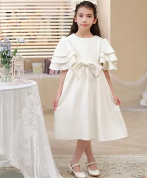Le Crystal Bow Detailed Solid Ruffle Sleeves A-Line Party Dress - White