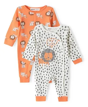 Minoti 2-Pack Cotton All Over Lions & Cats Printed Front Open Rompers - Orange/White