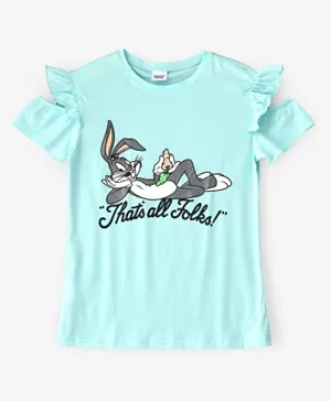 UrbanHaul X Warner Bros  Looney Tunes Bugs Bunny Cotton Graphic Ruffled T-Shirt - Light Blue