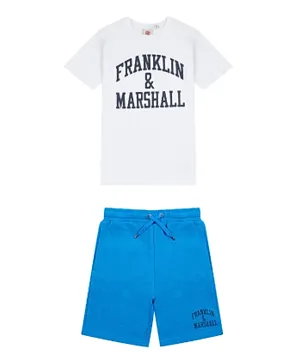 Franklin & Marshall Vintage Arch Logo T-Shirt and Shorts Set - White & Blue