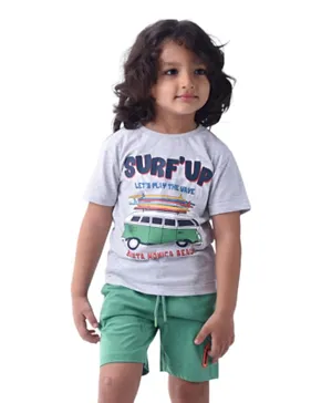 Victor and Jane Cotton Surfing Graphic T-Shirt & Shorts Set - Grey/Green
