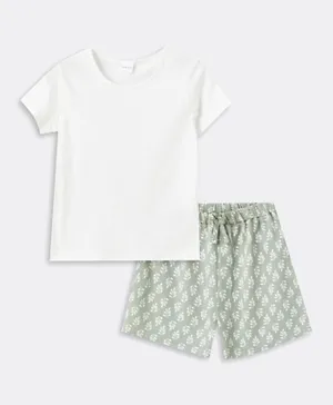 LC Waikiki Solid & Leaf Printed T-Shirt and Shorts - White & Green