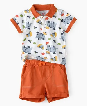 Tiny Hug Playful Elephant Print T-Shirt & Shorts Set - White & Orange