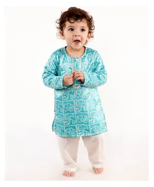 Little Bansi Full Sleeves Bandhani Kurta With Pajama - Blue & White