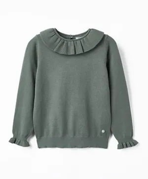 Zippy Knitted Sweater With Ruffles - Grey