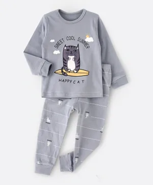 Lamar Kids Happy Cat Round Neck Pajama Set - Grey