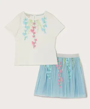 Monsoon Children Disco Floral Top And Skirt Set - White And Blue