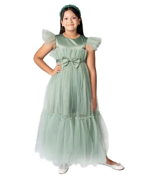 DDANIELA Front Bow Detailing Frilled Sleeves Long Party Dress - Sage Green