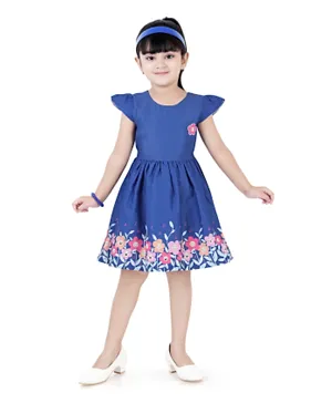 Smart Short Sleeves Floral Dress - Blue