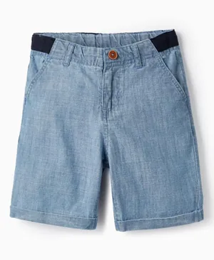 Zippy Cotton Contrast Strip Denim Midi Shorts - Blue