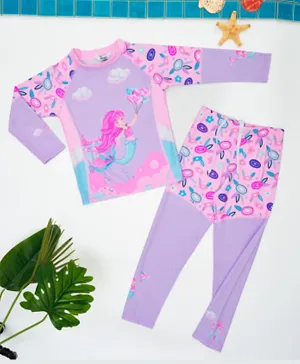 Babyqlo UV Protect & Quick Dry Mermaid & Balloons All Over Printed Full Sleeves Two Piece Swimsuit - Purple & Pink